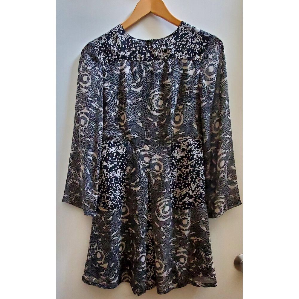 Walter Baker Dress 0 Black/Tan Print Soft Pleats Ruffled Lined Bodice Sheer Arms - Picture 2 of 8